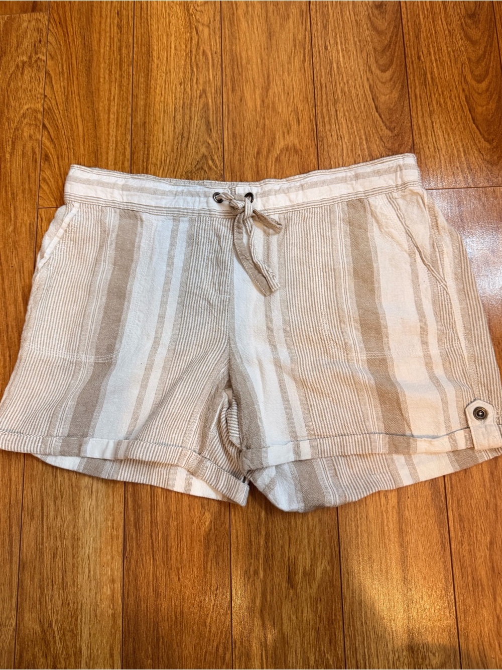 Per Se Neutral Stripe Drawstring Linen Viscose Blend Shorts XL